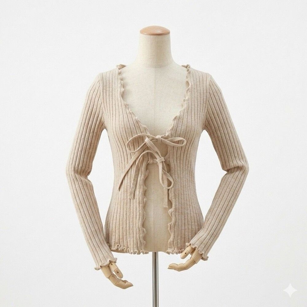 American Eagle Womens Small Cream Ribbed Lace Up Crop Top Coquette Boho Long Sle
